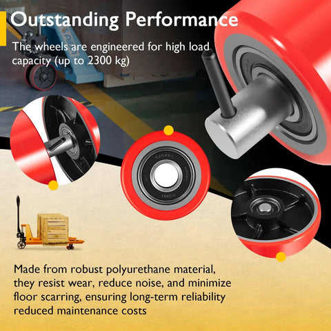 All In One Pallet Jack Wheels Kit For Most Hand Pallet Jacks, Includes 7x2 Steering Wheels, 3x3.75 Load Wheels, red polyurethane