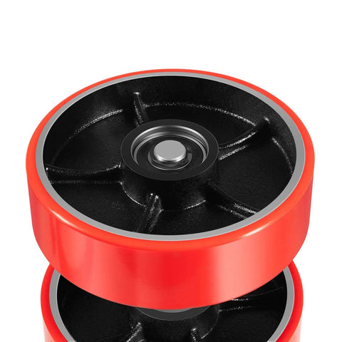 Pallet Jack Wheels Set for most manual pallet jacks, red polyurethane tread, steel core, close-up of 7 x 2 inch steer wheel