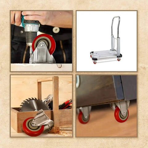 4-Inch Caster Wheels Set With Red Polyurethane Wheels Top Plate Non-Swivel Rigid Fixed Casters in use and installed