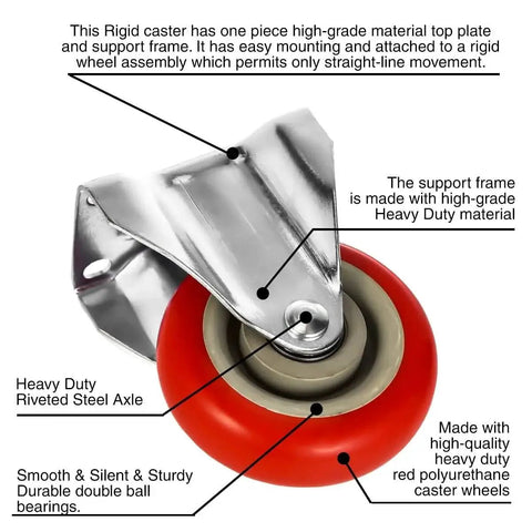4-Inch Caster Wheels Set With Red Polyurethane Wheels Top Plate Non-Swivel Rigid Fixed Casters With Mounting Hardware 4 Pack