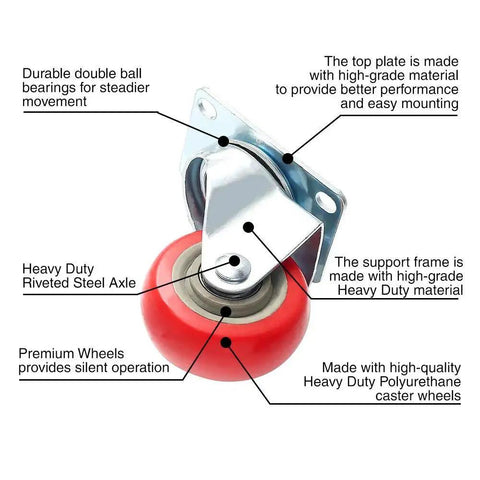 Close-up of a single caster from 8 Pack 3 Inch Combo Caster Set With 4 Swivel Casters With Brakes and 4 Plate Heavy Duty Casters on Red PU Wheels.