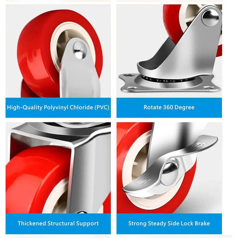Heavy Duty 1.5 Inch Caster Wheels Set Of 12 With Brakes, Swivel Locking Casters, Red PVC Wheels with steel swivel and brake