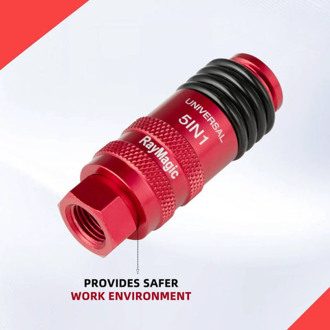 Five In One Universal Quick Connect Air Coupler For 1/4 Inch Female NPT, red body, six ball release sleeve, industrial hose fitting