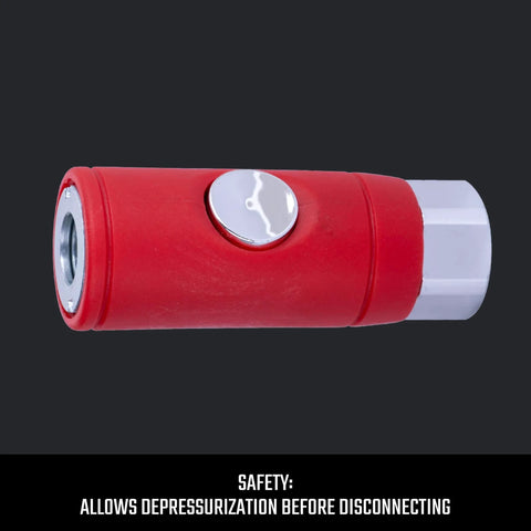 Side view of Push Button Air Coupler Female 1/4 Inch NPT Quick Disconnect for Industrial and Automotive Air Lines, red body