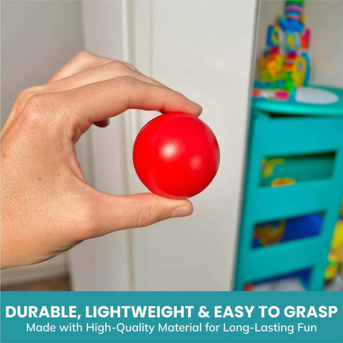 Person holding red ball from set of 6 replacement balls compatible with VTech Pop-a-Balls, Push and Pop Bulldozer toys