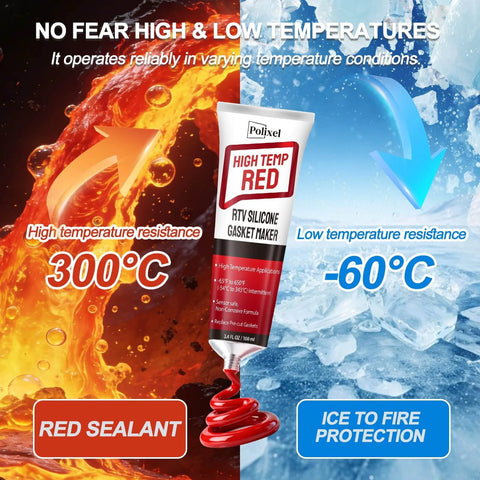 Red High Temperature RTV Silicone Gasket Maker Sealant, tube with red sealant against fire and ice background, high and low temp resistance