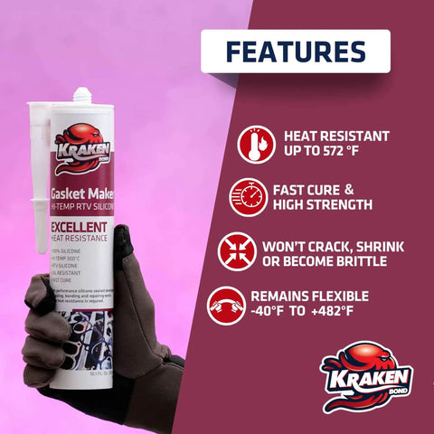 Red RTV Silicone Gasket Maker Sealant in a gloved hand, showing features like heat resistance and high strength, 10.1 fl oz bottle.