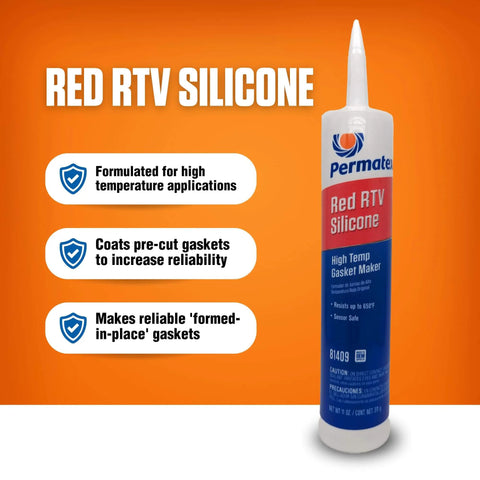 High-Temp Red RTV Silicone Gasket Maker 11 Oz tube with formulation benefits for engines and heavy-duty use displayed.