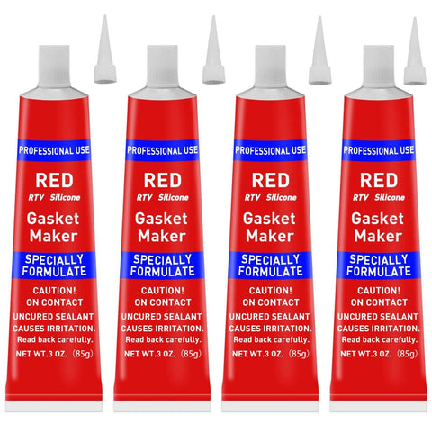 Four 85 g tubes of red RTV silicone gasket maker sealant for high-temperature gaskets, showing front view with labels and caps.
