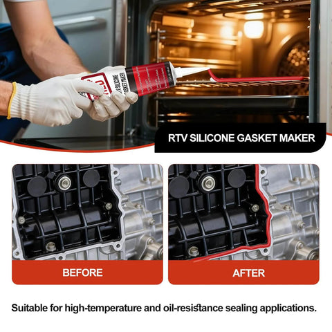 Person applying Red High Temperature RTV Silicone Gasket Maker Sealant For Engines Exhaust Manifolds Oil Pans Gearboxes in an engine