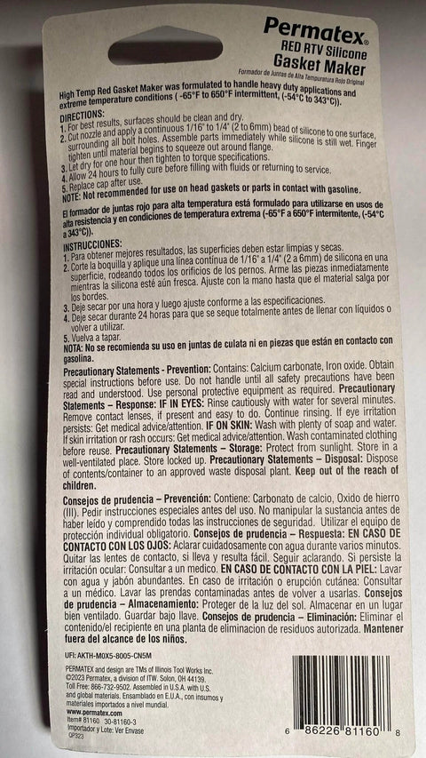 Back packaging of Hi Temp Red Form A Gasket Silicone Sealant showing instructions and safety information.