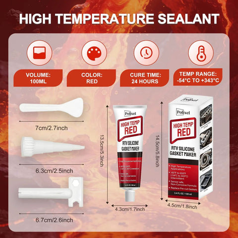 Red High Temperature RTV Silicone Gasket Maker Sealant with applicator, nozzle, and box for engines and automotive parts use, oil resistant