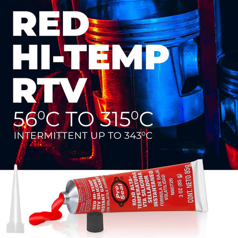 High Temp Red RTV Silicone Sealant 3 Oz Tube Sensor Safe Gasket And Hose Sealant For Auto, Appliances And DIY Projects, -70 To 650 Degrees F, Full Cure In 24 Hours displayed with cap and red sealant flowing out