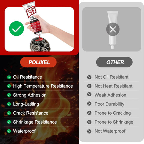 Comparison of Polixel Red High Temperature RTV Silicone Gasket Maker with other sealants, showing advantages in oil resistance and durability.