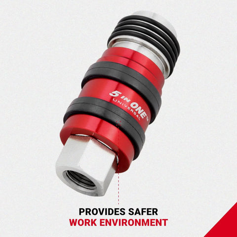 Five Pack All In One Universal Safety Exhaust Coupler Kit One Quarter Inch Body And NPT Red Hose Fittings for air tools
