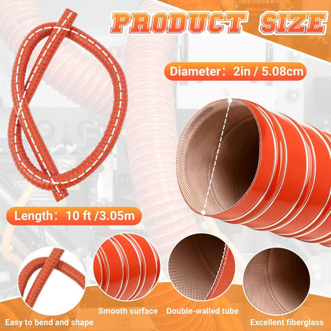 Image of 2 Inch Silicone Flexible Air Duct Hose For High Heat Exhaust And Dryer System, 10 Foot Length, showing red color and structure.