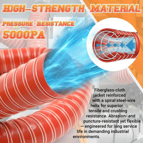 High-strength 2 inch silicone flexible air duct hose for high heat exhaust and dryer system, 10 foot length, red ducting.