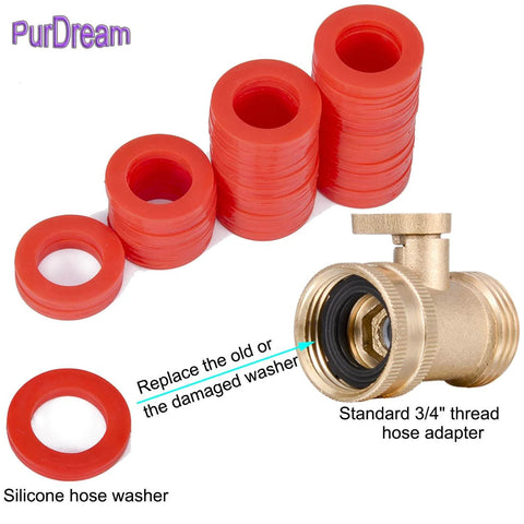 Silicone Hose Washers Set for Outdoor Garden Hoses and Faucets, 40 Pack Red O-Rings, shown with faucet adapter.