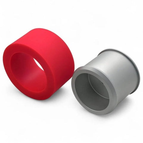 2 Inch High Grip Polyurethane Traction Wheels Pair with CNC aluminum hubs, red polyurethane and silver aluminum, for robotics and DIY projects.