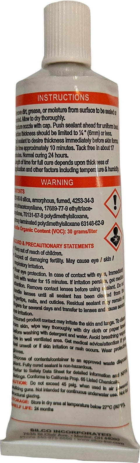 Back view of Red High Temperature Silicone Sealant For Automotive And Home Projects 2.8 Oz Tube with instructions and warnings