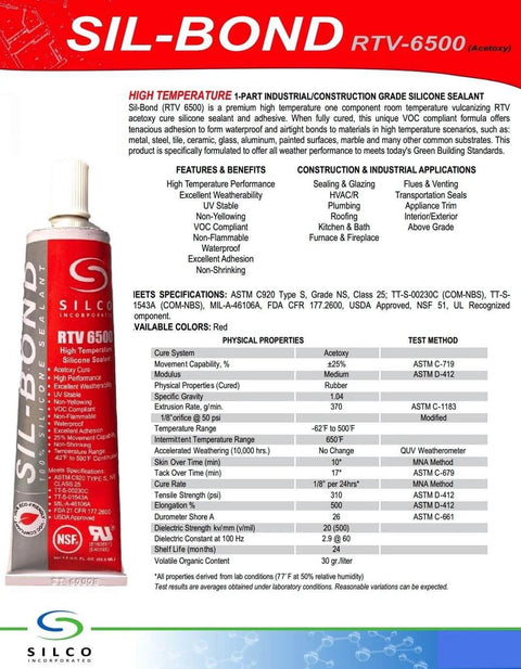 Red High Temperature Silicone Sealant For Automotive And Home Projects 2.8 Oz Tube UV Stable And Non Yellowing Waterproof And Non Shrinking USDA Approved Non Flammable Strong Adhesion For Seals And Gaskets Ideal For BBQ Flues Plumbing with tube and specifications chart visible