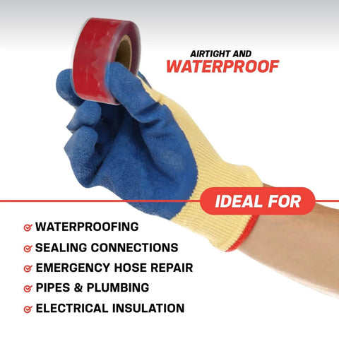 Rescue Tape Self Fusing Silicone Tape For Emergency Plumbing Repairs in gloved hand, red color, 1 inch by 12 feet, made in USA