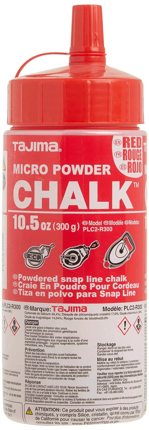 Red Ultra Fine Snap Line Chalk 10.5 Ounce Bottle For Precise Marking On Floors Walls Tile And Other Surfaces Durable Bottle With Easy Fill Nozzle Ideal For Construction Carpentry Tiling PLC2 R300 in moisture-proof bottle with screw-cap nozzle.