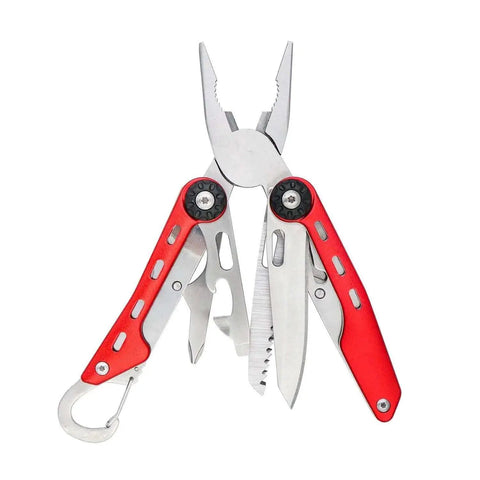 10-In-1 Stainless Steel Multitool With Safety Lock And Red Nylon Sheath Including Needle Nose Pliers Standard Pliers Wire Cutter Knife