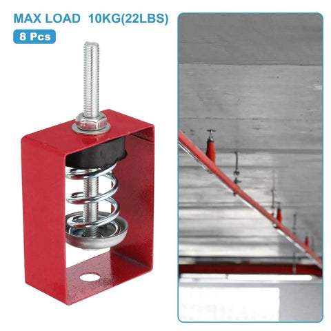 Ceiling Spring Vibration Isolator Hangers 8 Pack For Mechanical Damping Mounts Anti Vibration For AC Air Processors Bedroom Theater Studio Red Steel And Rubber Construction With M8 Thread Load Capacity Up To 44 Lbs Each, showing close-up and installed view.