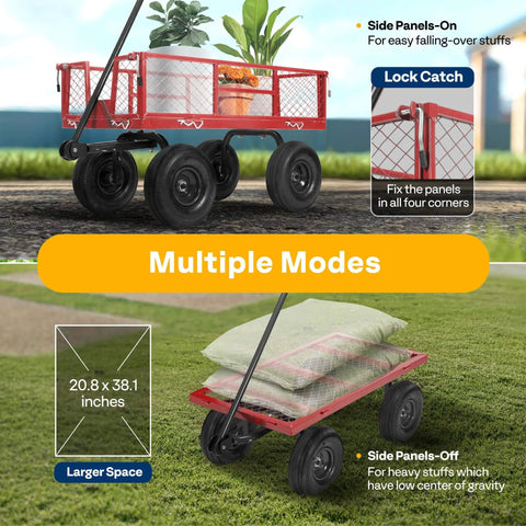 Heavy Duty Mesh Steel Garden Cart Folding Utility Wagon with 880 Lb Capacity, Removable Sides Flatbed Design, 10 Inch Pneumatic Wheels, Red