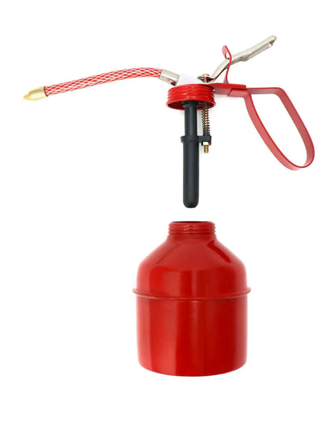 Red Powder Coated Steel Pistol Style Oil Can 12 Ounce 400 Ml With Flexible Tube Manual Pump Oiler 2 Pack For Tight Space Lubrication Dome Shaped Bottle Durable Classic Oiler By QWORK