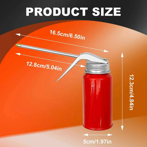 Two Pack 200 Ml Steel Manual Oil Dispenser Cans With Durable Metal Spout, Red, size dimensions visible