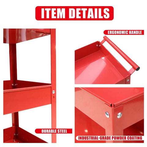 Close-up of Three Tier Stainless Steel Service Cart with smooth rolling wheels, ergonomic handle, durable steel and red powder coating, by Big Red.