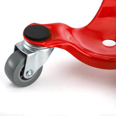 Red 4 Pack Steel Tri-Dolly with 3 wheel design, 200 lbs load capacity, close-up of dolly wheel and metal frame for furniture moving