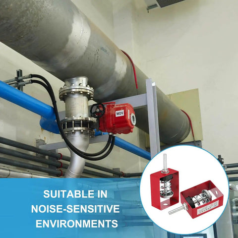 Installed Ceiling Spring Vibration Isolator Hangers 8 Pack for mechanical damping in industrial setting, showing red steel and rubber construction.