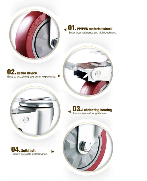 4 Inch Heavy Duty Caster Wheels With Brakes And Screws Set Of Four Silent Rubberized Castors Up To 1320 Lbs Capacity features