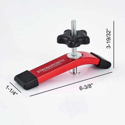 Heavy Duty T Track Hold Down Clamps For Woodworking 6 3/8 Inch Long 1 1/4 Inch Wide red clamp shown with measurements