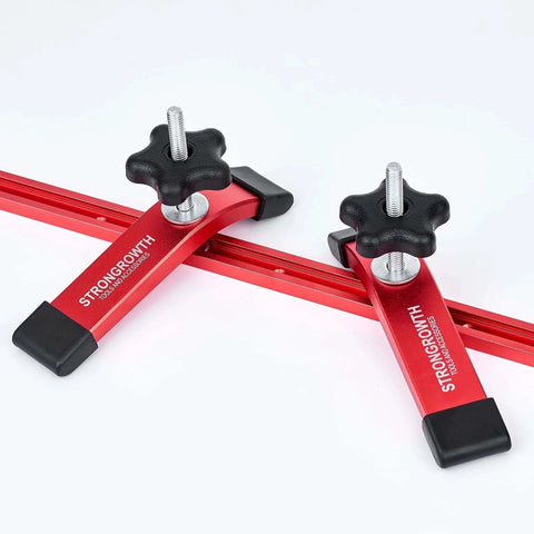 Double Cut Universal T Track Hold Down Clamps 2 Pack For T Slot Workholding Red Anodized With Rubber Pads, front view