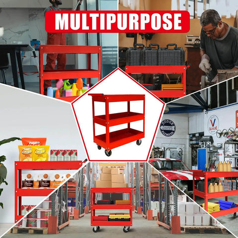 Three Tier Stainless Steel Service Cart With Smooth Rolling Wheels For Garage, Warehouse, And Workshop, 400 Pound Capacity, Heavy Duty Utility Cart With Lockable Casters, Easy Assembly, Built To Haul Tools And Parts By Big Red.