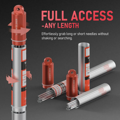 Red Tip 3/32 Inch By 7 Inch TIG Welding Tungsten Electrodes WT20 EWTh-2 AWS Certified 10 Pack shown in durable tubes
