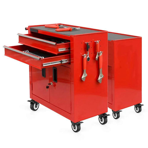 Red tool cabinet with drawers open, equipped with 2 Inch Heavy Duty Swivel Caster Wheels Set of 4, Safety Dual Locking Casters.