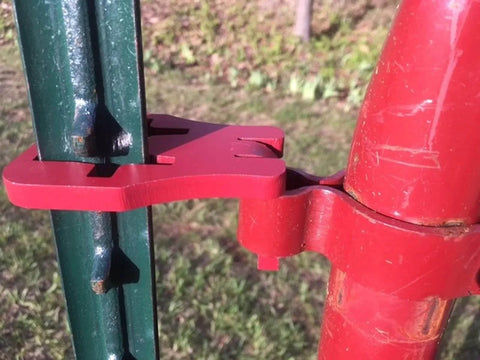 Close-up of Patented T Post Hinge Pins for Easy Gate Hanging from Metal T Posts, showcasing durable hinge connection in use.