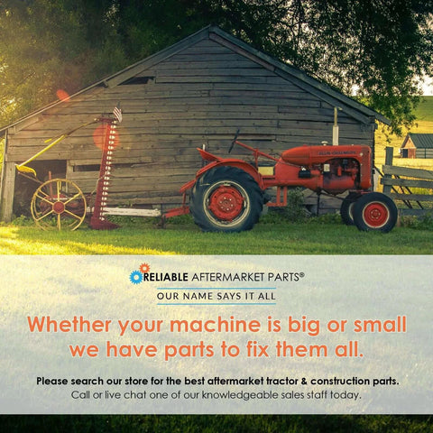 Vintage red tractor in front of a barn showcasing Reliable Aftermarket Parts advertisement with text about machine parts.