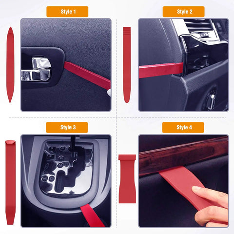 Image of 8 Piece Auto Trim Removal Tool Kit For Car Interior Dash Panels Window Molding And Fasteners Nylon Durable Impact Resistant Includes 7 Panel Tools And 1 Fastener Remover Red, showing tools being used on car interior trims.