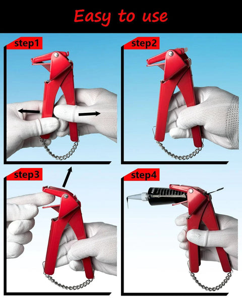 Step-by-step usage of Industrial 2.5 Inch Tube Squeezer Tool With Silicone Bead Dispenser, Pro Grade Red Grip for sealant application.