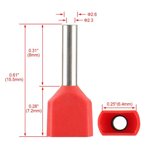 Red Twin Insulated Ferrule Crimp Connector For 16 AWG 1.5mm2 Copper Wire Tin Plated TE1508 End Terminal shown with dimensions