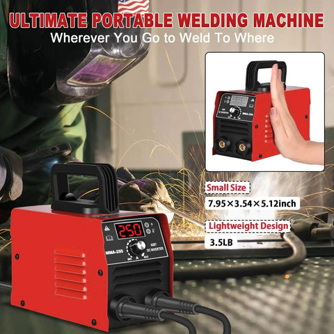 Ultra Portable 110V ARC Welder Stick Machine, 250Amp Mini GNI Welder with 20 Rods shown with welding gloves, lightweight 3.5lb design