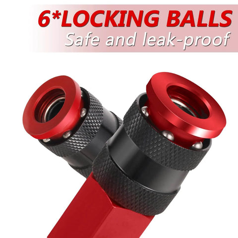 Close-up of Universal Air Coupler And Plug Kit For Quarter Inch NPT Quick Connect Interchange Compatible With I M Aro And T Type 14 Piece Set In Red