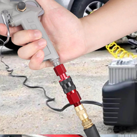 Universal Air Coupler And Plug Kit For Quarter Inch NPT Quick Connect Interchange Compatible With I M Aro And T Type 14 Piece Set With Female And Male Plugs In Red being used in an air system connection.