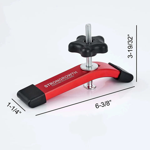 Double Cut Universal T Track Hold Down Clamps 2 Pack For T Slot Workholding Red Anodized With Rubber Pads, dimensions annotated.
